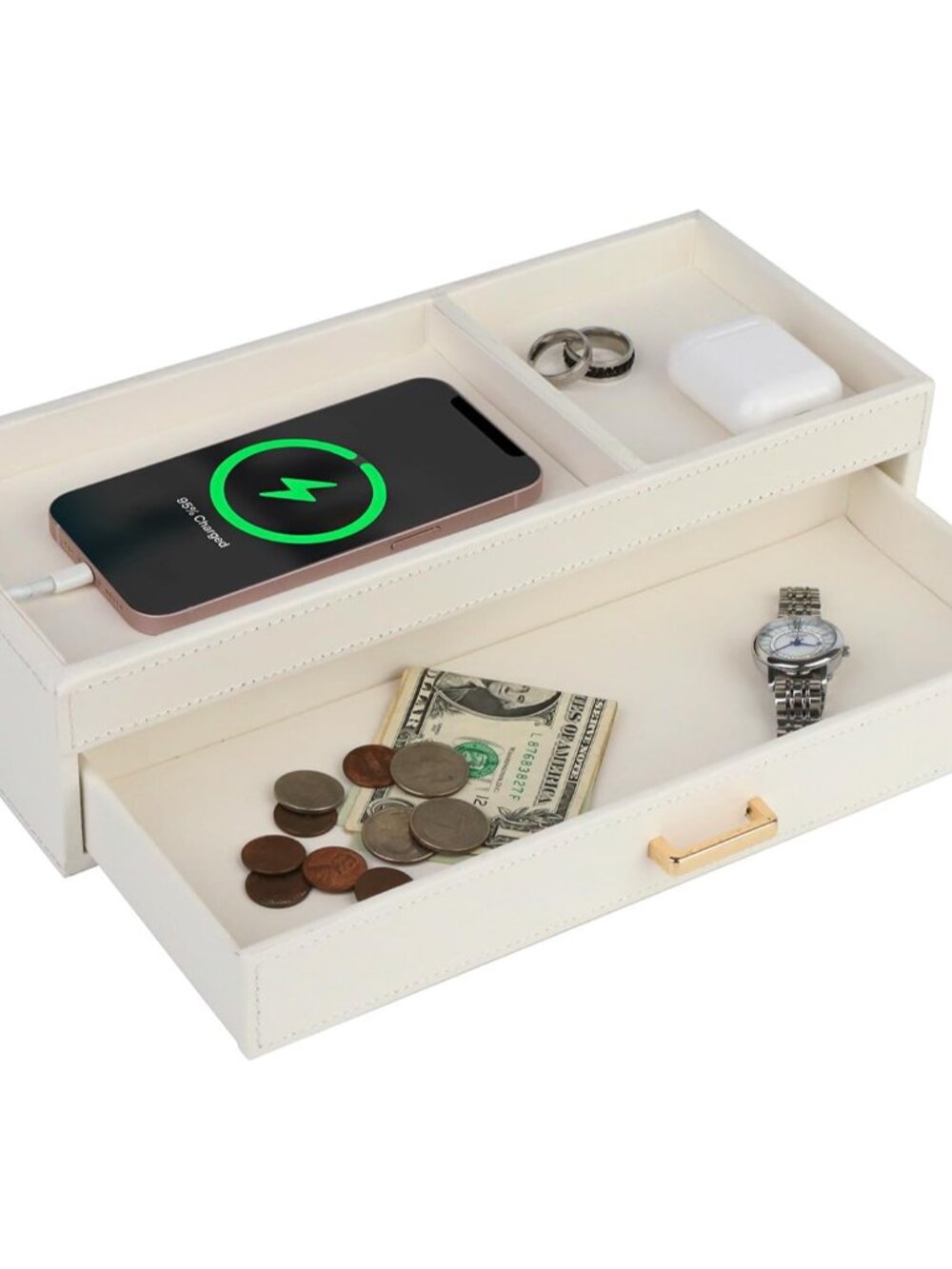 Valet Jewelry Tray Organizer with Drawer, Faux Leather Storage Catchall Box Phon